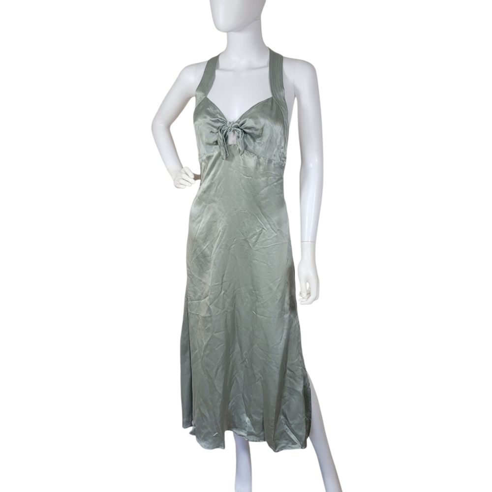 Free People Delilah Midi Dress Womens 8 Green Gray Silky Satin Sleeveless‎ Party